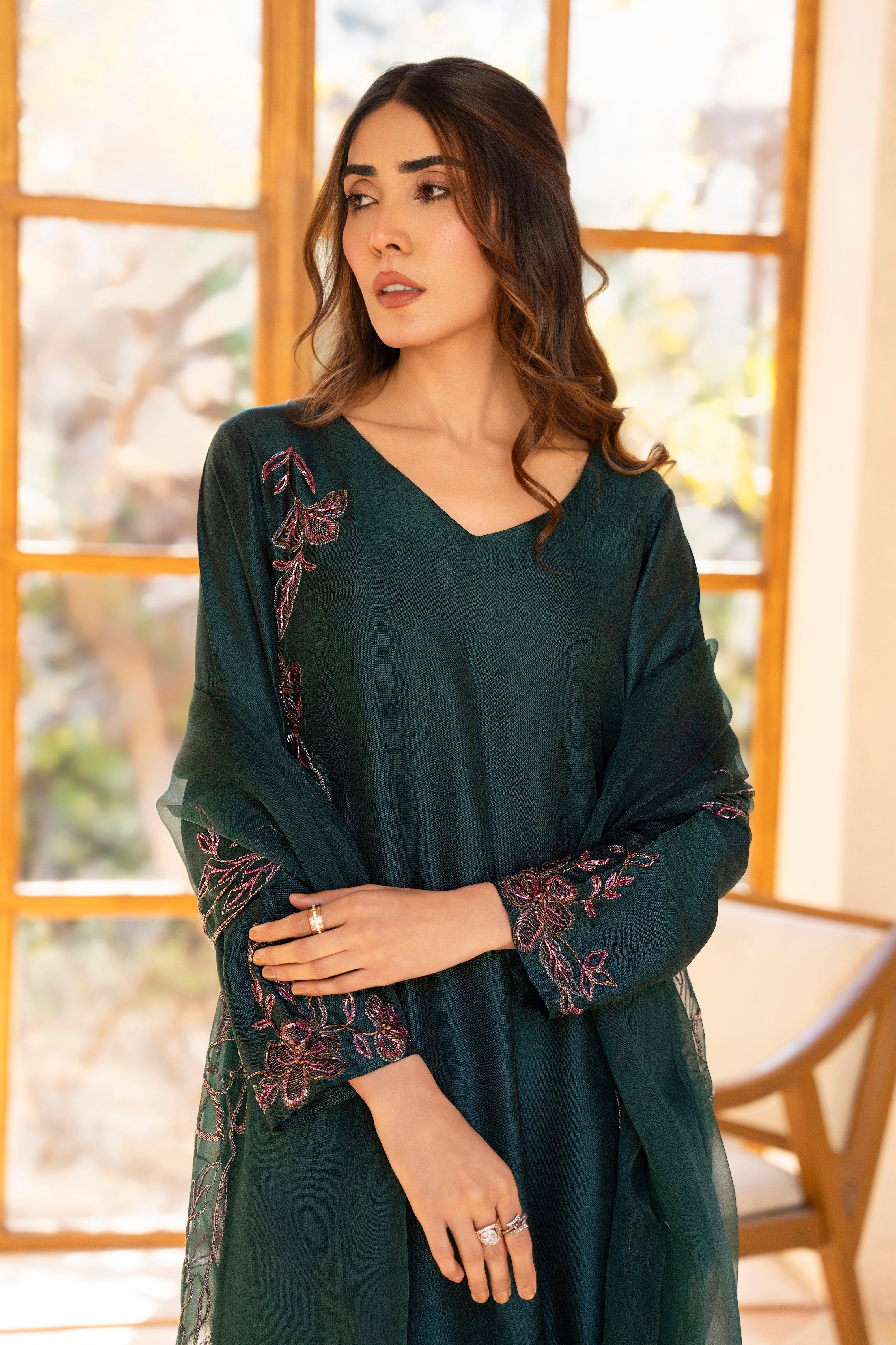 Dark Green Pure Tissue Silk Ensemble