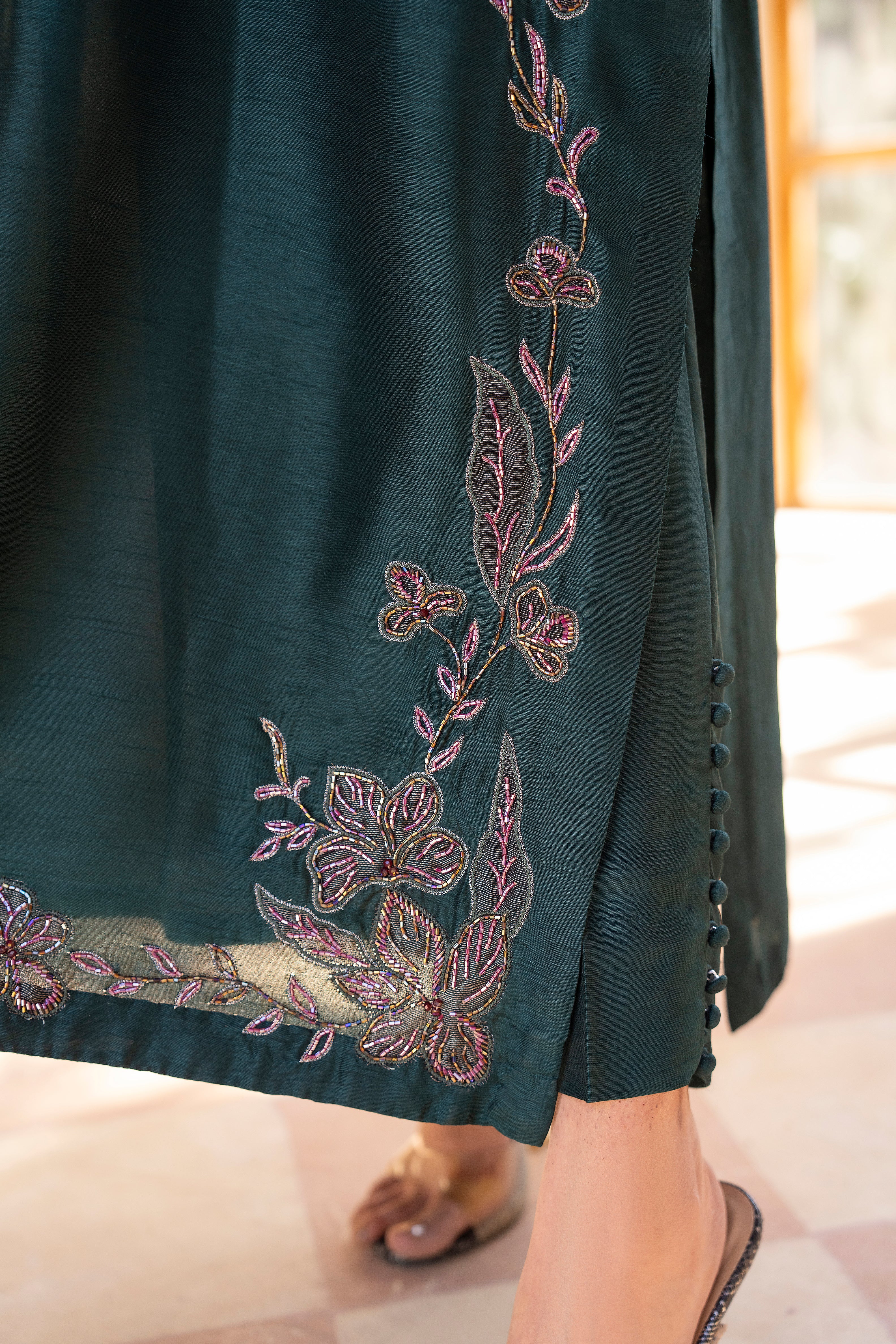 Dark Green Pure Tissue Silk Ensemble