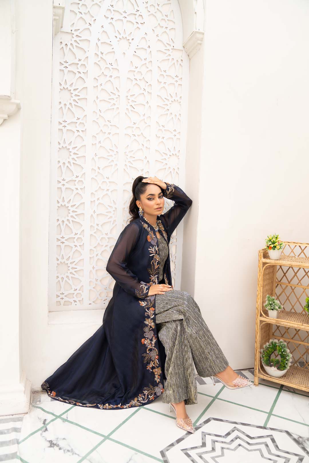 Embroidered Organza Jumpsuit Gown