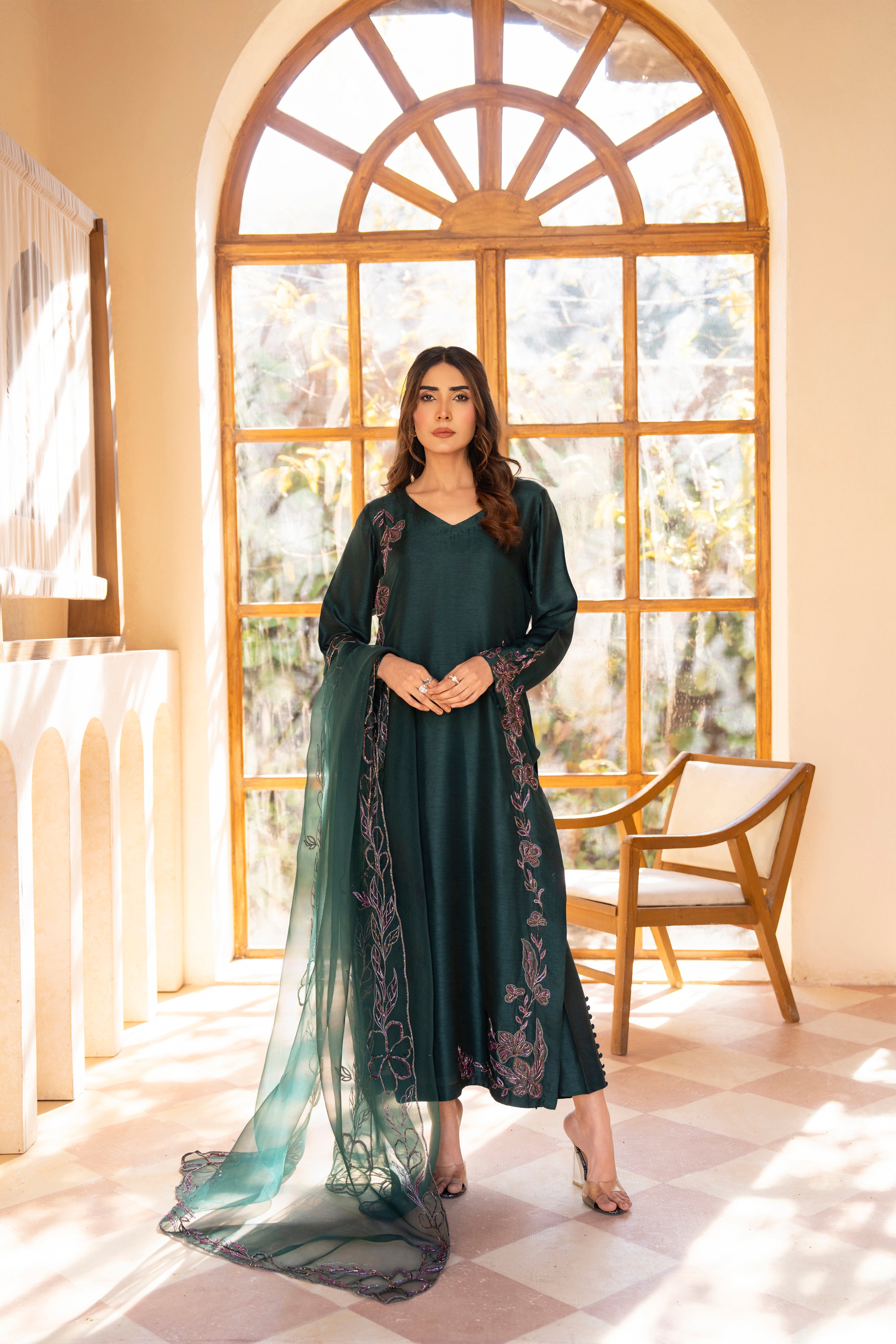 Dark Green Pure Tissue Silk Ensemble