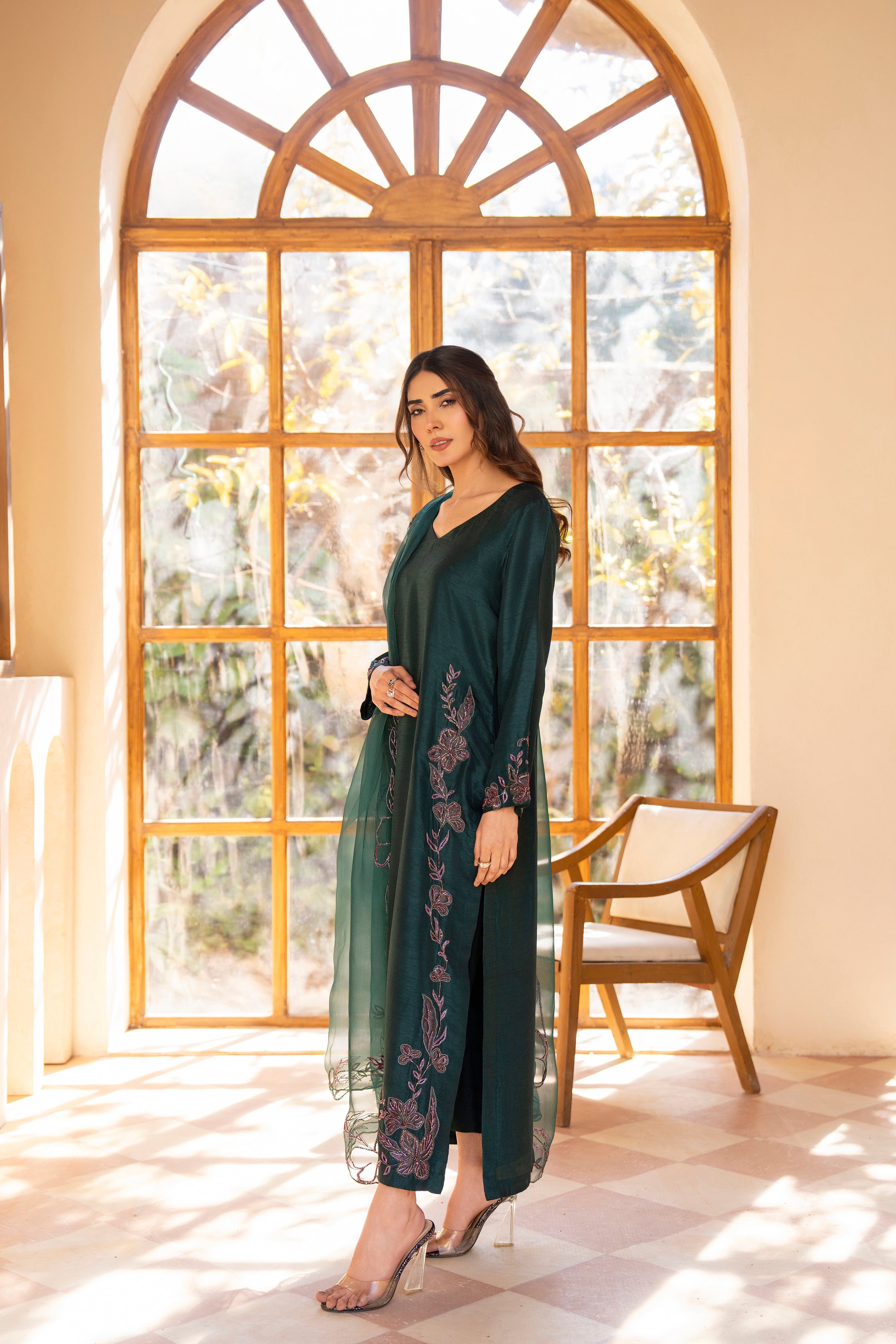 Dark Green Pure Tissue Silk Ensemble